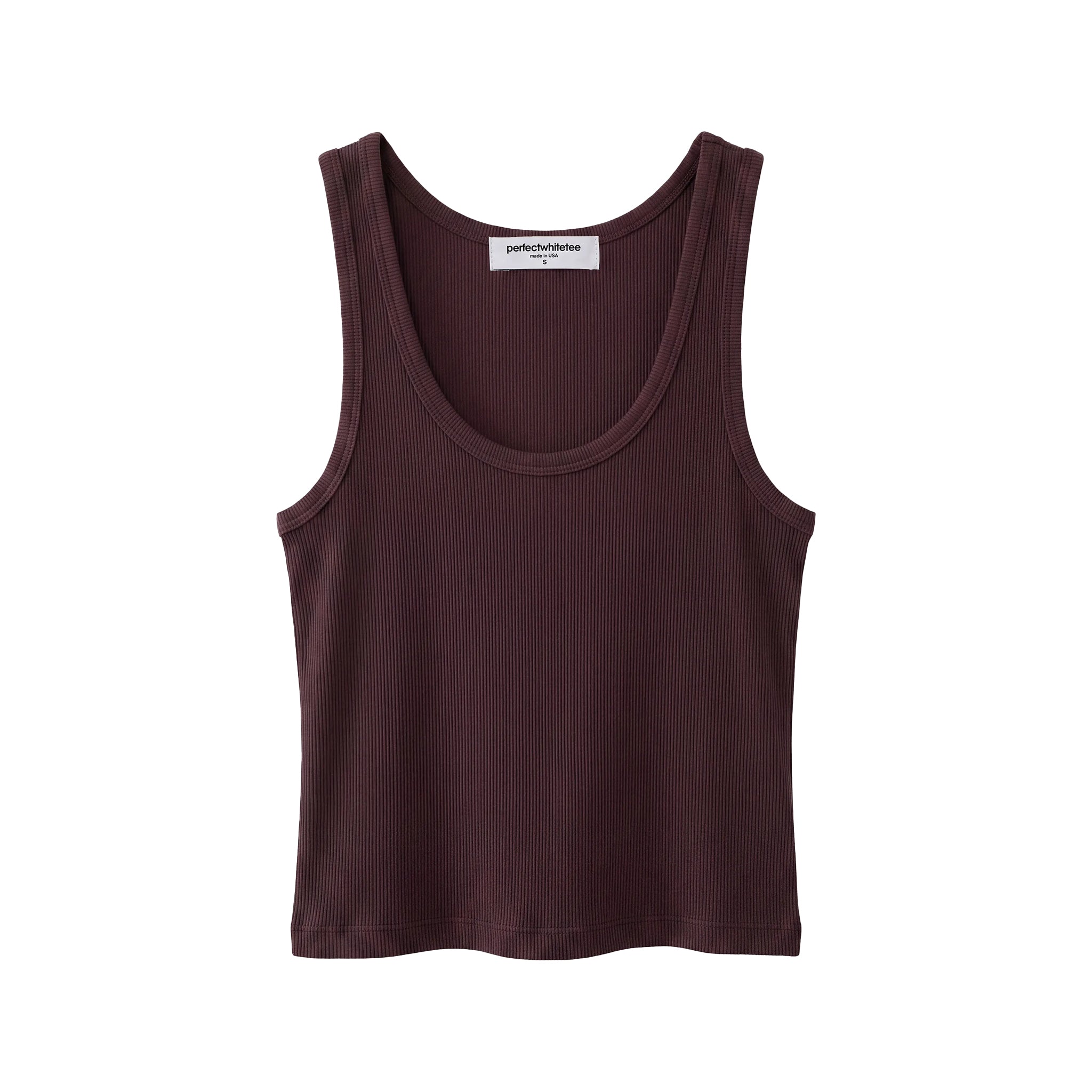 A sleeveless ribbed tank top in a deep plum-brown color, shown flat against a solid white background. 