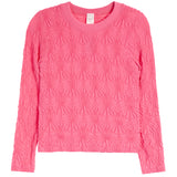 A bright pink long-sleeve crewneck sweater with a textured, raised floral or leaf-like pattern, shown flat against a white background.