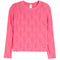 A bright pink long-sleeve crewneck sweater with a textured, raised floral or leaf-like pattern, shown flat against a white background.