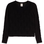 A black textured knit sweater with a crew neck and long sleeves, laid flat against a white background.
