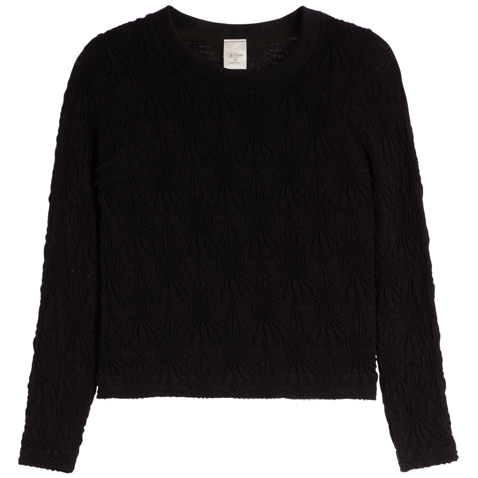 A black textured knit sweater with a crew neck and long sleeves, laid flat against a white background.
