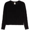A black textured knit sweater with a crew neck and long sleeves, laid flat against a white background.