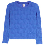 A vibrant blue textured knit sweater with a crew neck and long sleeves, displayed flat against a solid white background.