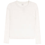 An off-white textured knit sweater with a crew neck and long sleeves, displayed flat against a white background.