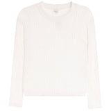 An off-white textured knit sweater with a crew neck and long sleeves, displayed flat against a white background.
