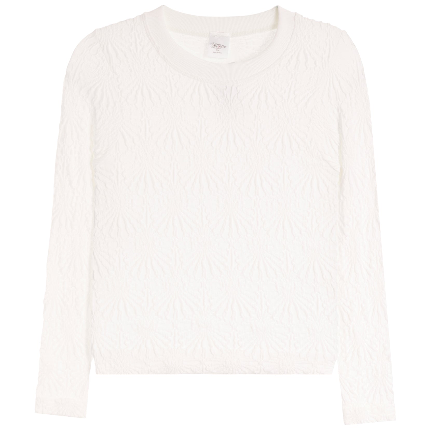 An off-white textured knit sweater with a crew neck and long sleeves, displayed flat against a white background.