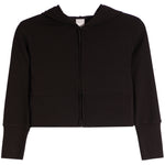 A black cropped zip-up hoodie with long sleeves and a hood, shown flat against a solid white background.