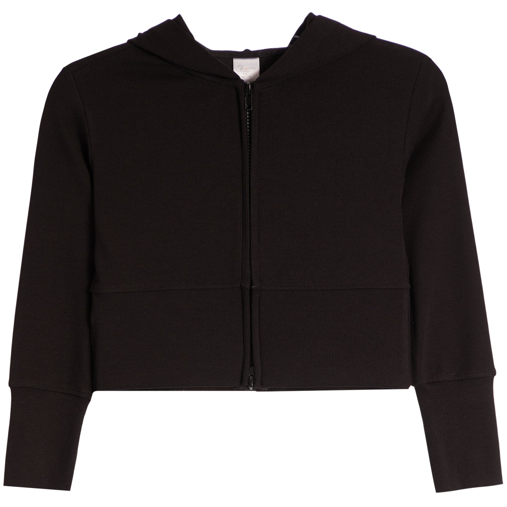 A black cropped zip-up hoodie with long sleeves and a hood, shown flat against a solid white background.