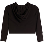 A black long-sleeve crop top with a draped cowl neckline, shown flat against a solid white background.
