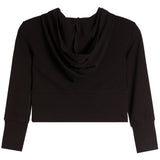 A black long-sleeve crop top with a draped cowl neckline, shown flat against a solid white background.