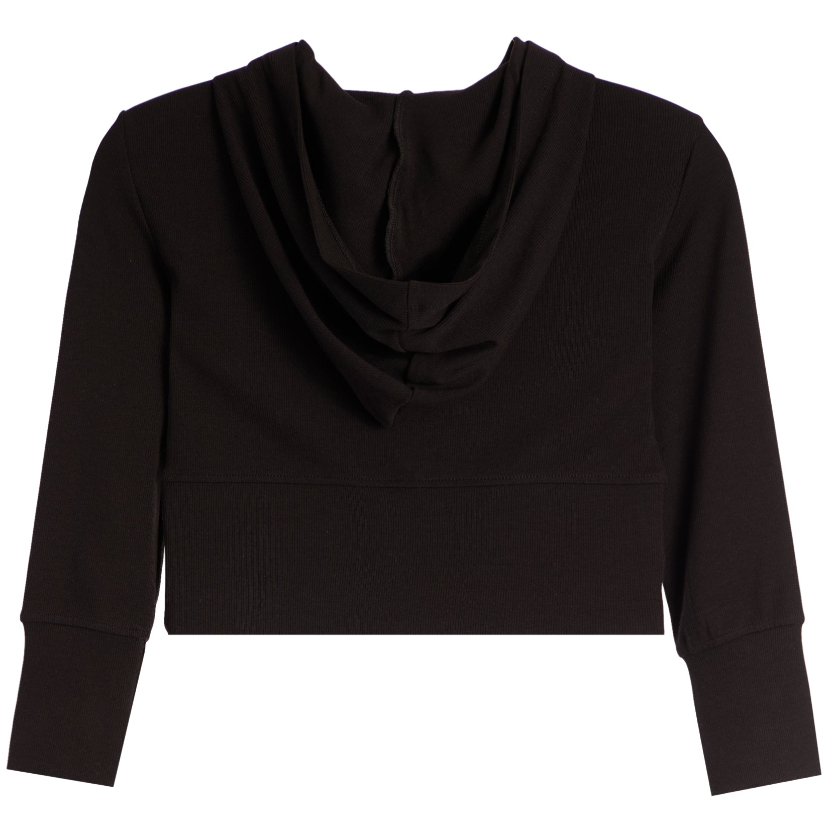 A black long-sleeve crop top with a draped cowl neckline, shown flat against a solid white background.