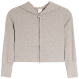 A light gray heather cropped zip-up hoodie with a hood, long sleeves, and ribbed cuffs, shown against a plain white background.