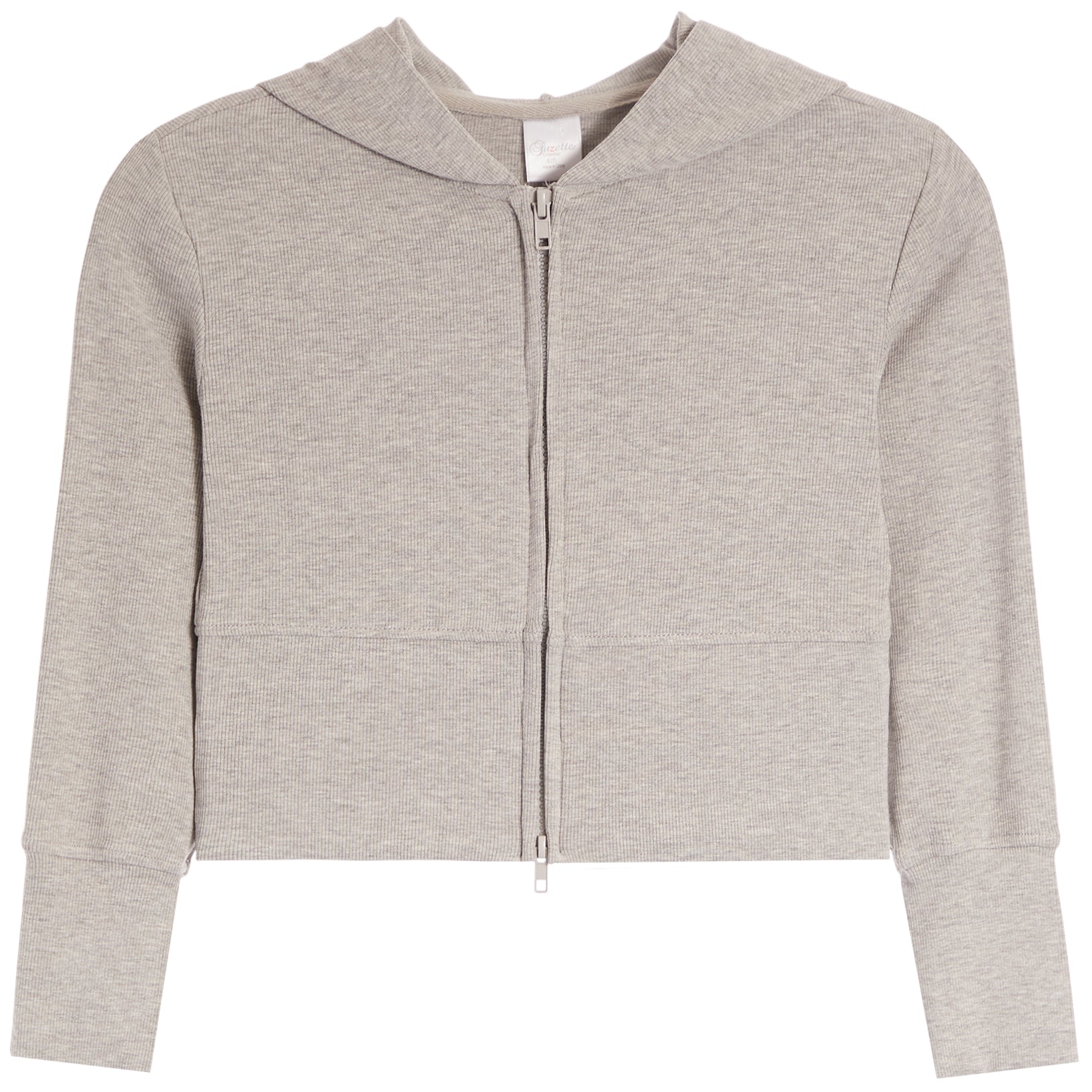 A light gray heather cropped zip-up hoodie with a hood, long sleeves, and ribbed cuffs, shown against a plain white background.
