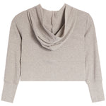 A light heather gray long-sleeve crop top with a draped cowl neckline, shown from the back against a plain white background.