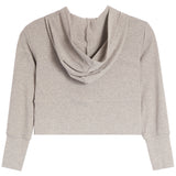 A light heather gray long-sleeve crop top with a draped cowl neckline, shown from the back against a plain white background.
