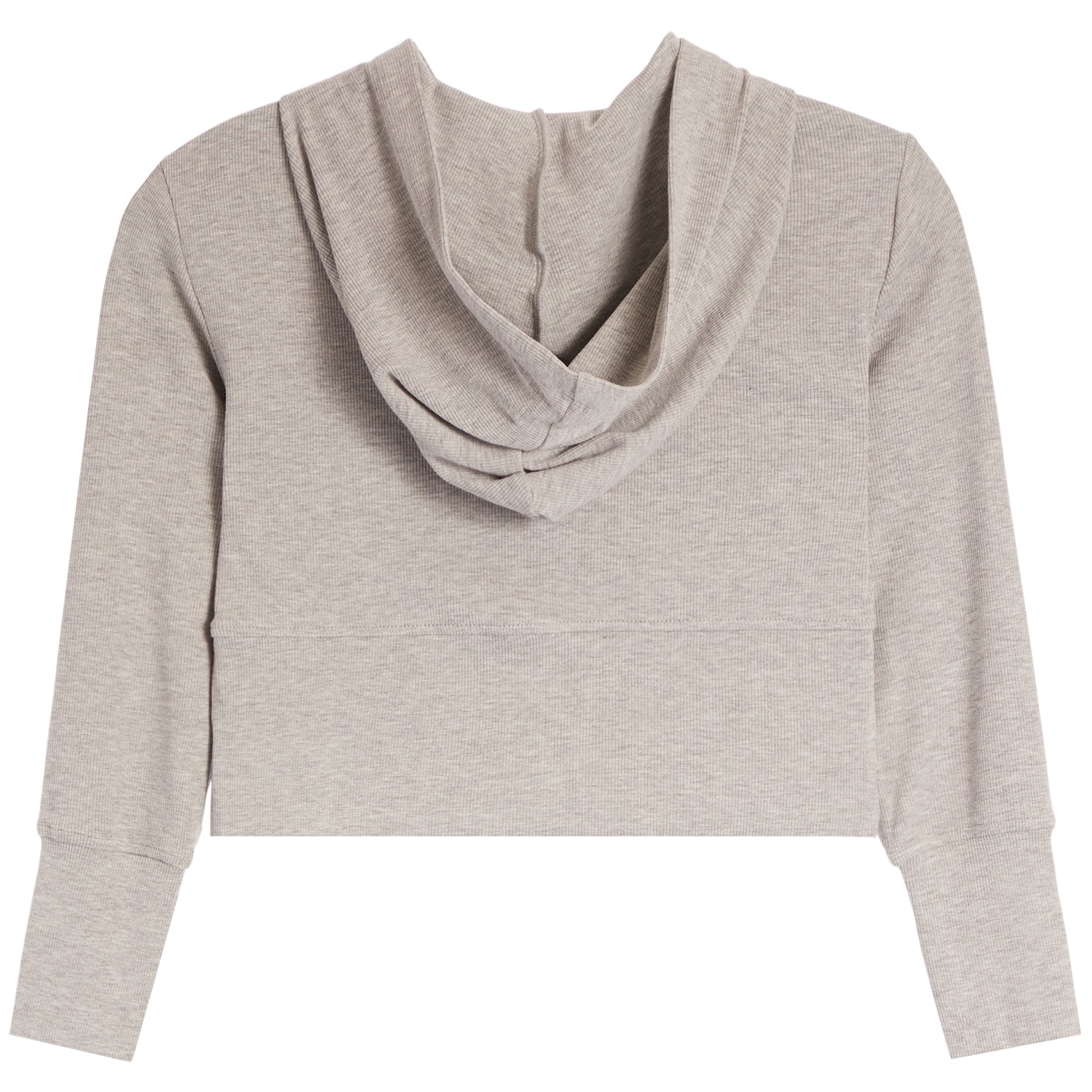 A light heather gray long-sleeve crop top with a draped cowl neckline, shown from the back against a plain white background.