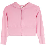 A pink cropped zip-up hoodie with a hood and long sleeves, shown flat against a plain white background.