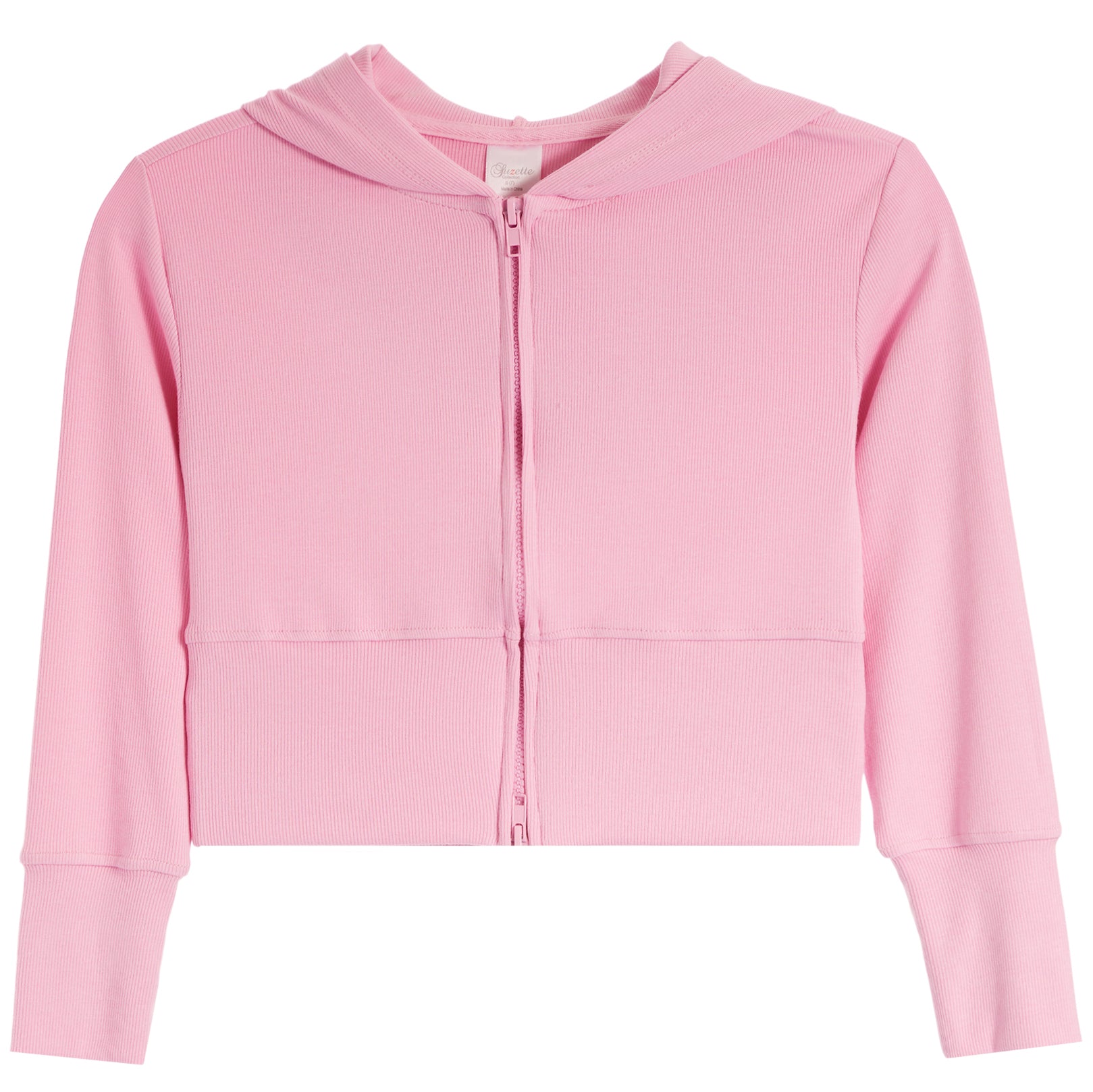 A pink cropped zip-up hoodie with a hood and long sleeves, shown flat against a plain white background.