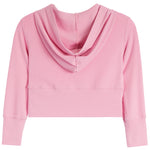 A light pink long-sleeve crop top with a draped cowl neckline, shown flat against a solid white background.