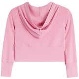 A light pink long-sleeve crop top with a draped cowl neckline, shown flat against a solid white background.
