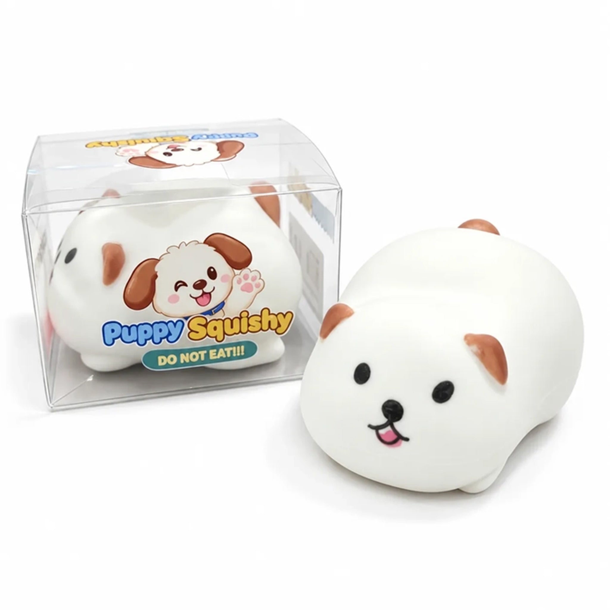 A white puppy-shaped squishy toy with brown ears and a pink tongue, shown next to its clear plastic packaging box on a white background.
