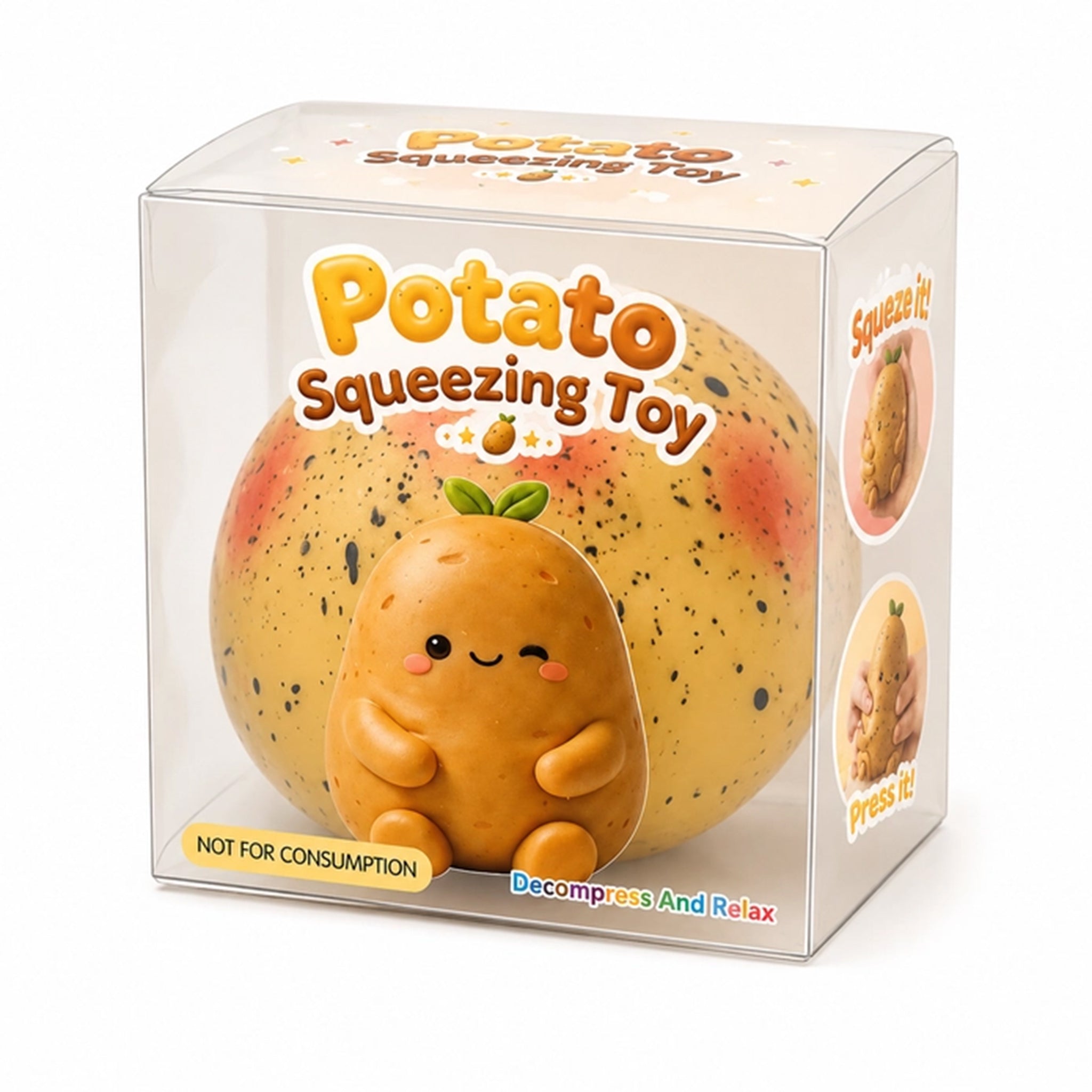 A potato-shaped squishy toy displayed inside a clear plastic retail box. The toy is a small cute potato character with a winking face, pink cheeks, and a green leaf on its head, sitting in front of a large round potato with speckles and blush marks.