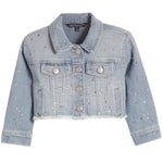 A light blue cropped denim jacket with silver-tone buttons and scattered rhinestone embellishments, shown flat against a white background.