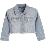 A light blue cropped denim jacket with silver-tone buttons and scattered rhinestone embellishments, shown flat against a white background.