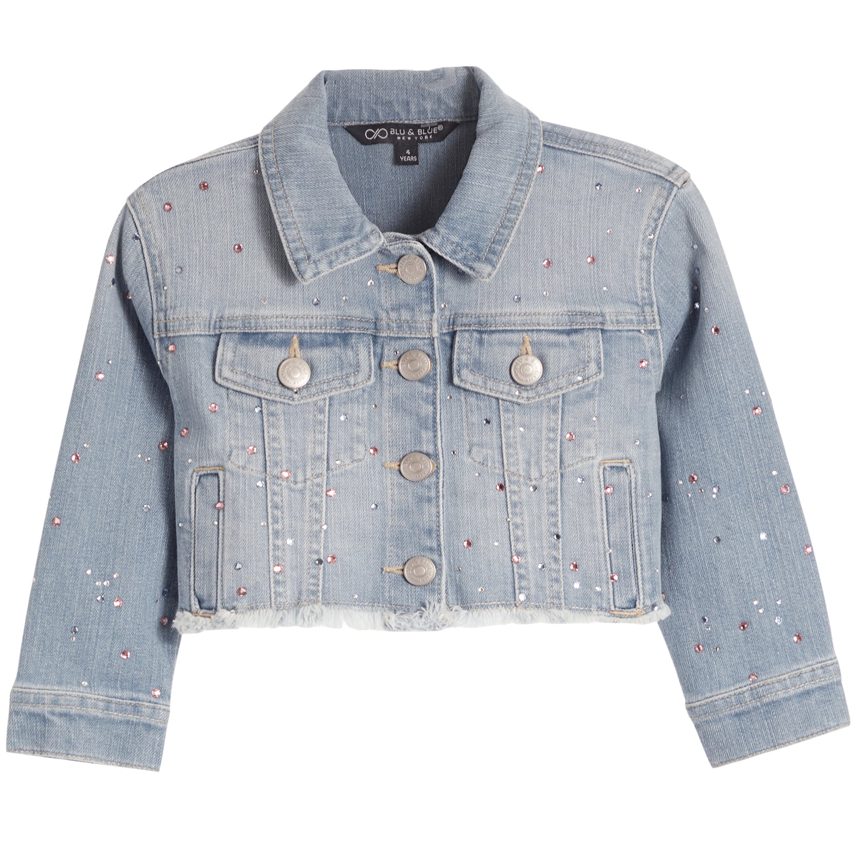 A light blue cropped denim jacket with silver-tone buttons and scattered rhinestone embellishments, shown flat against a white background.