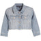 A light blue cropped denim jacket with silver-tone buttons and scattered rhinestone embellishments, shown flat against a white background.