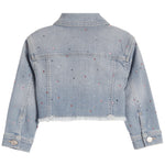 A cropped light blue denim jacket with a frayed hem and scattered rhinestone embellishments, shown from the back on a white background.