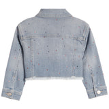 A cropped light blue denim jacket with a frayed hem and scattered rhinestone embellishments, shown from the back on a white background.