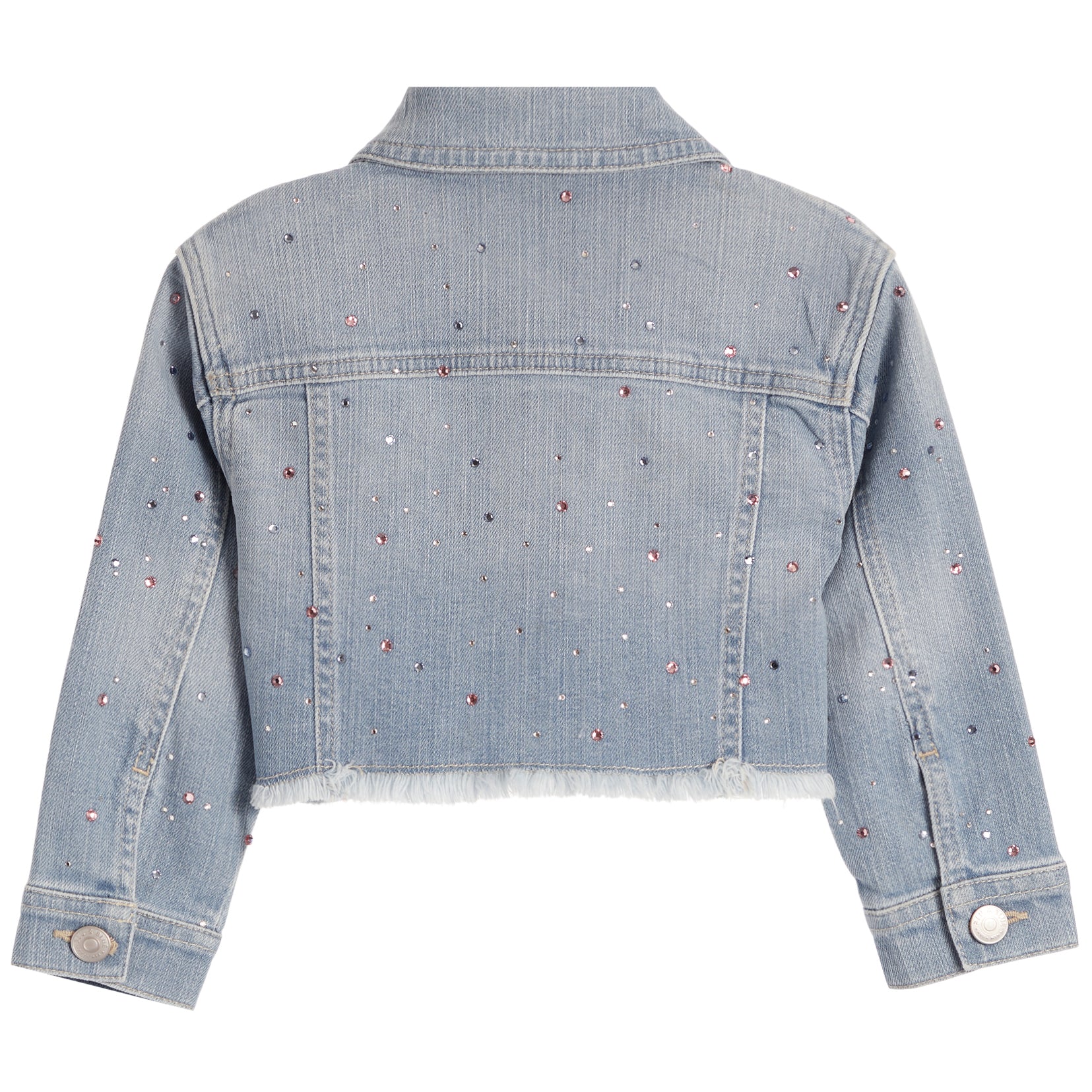 A cropped light blue denim jacket with a frayed hem and scattered rhinestone embellishments, shown from the back on a white background.