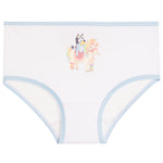 White children's briefs with light blue trim and a colorful cartoon character Bluey riding a pony on the front, shown on a plain white background.