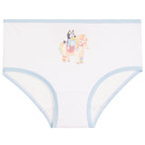 White children's briefs with light blue trim and a colorful cartoon character Bluey riding a pony on the front, shown on a plain white background.
