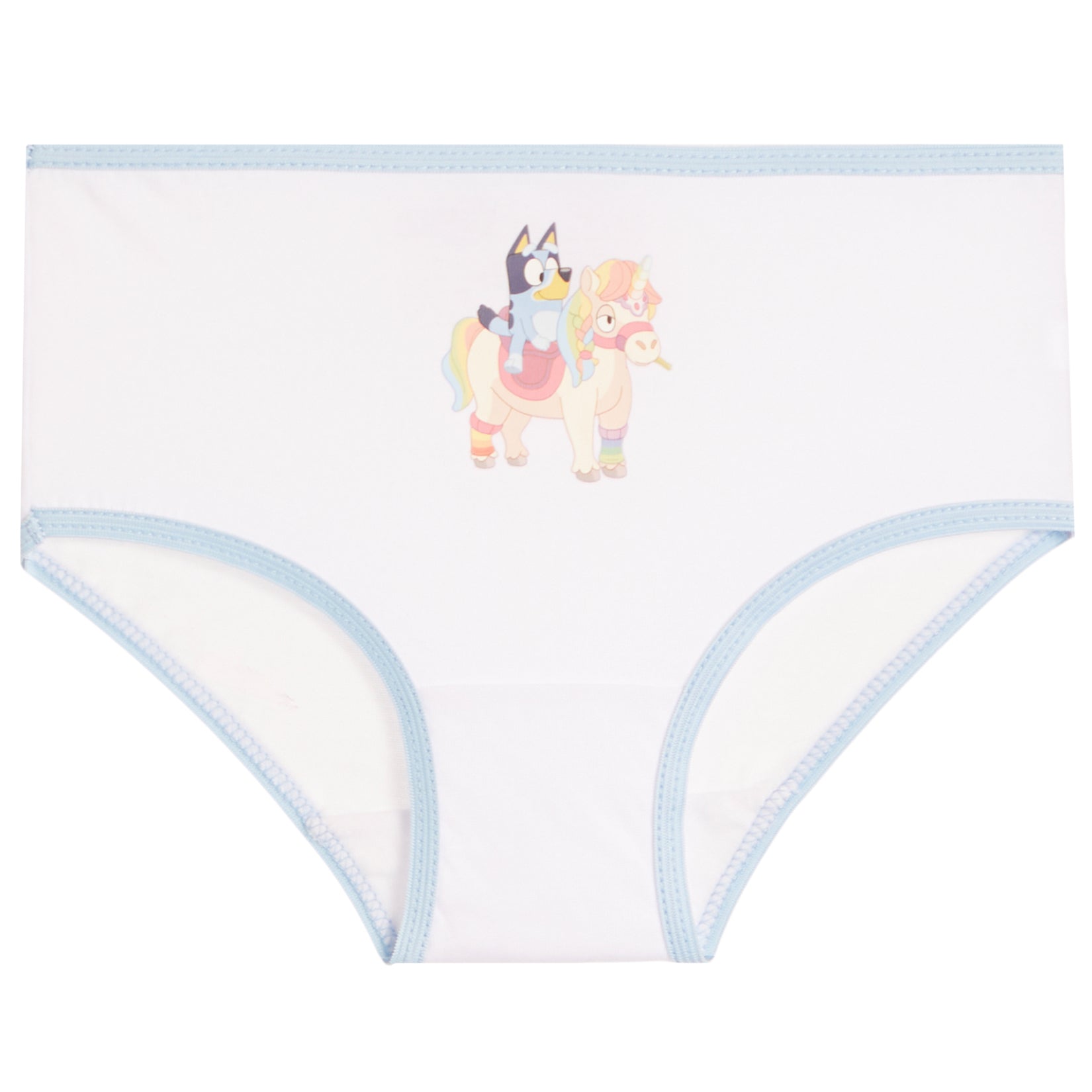 White children's briefs with light blue trim and a colorful cartoon character Bluey riding a pony on the front, shown on a plain white background.