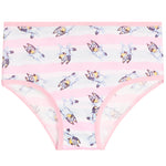 Pink and white striped childrens underwear featuring a cartoon character Bluey print, with pink trim.