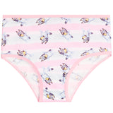 Pink and white striped childrens underwear featuring a cartoon character Bluey print, with pink trim.