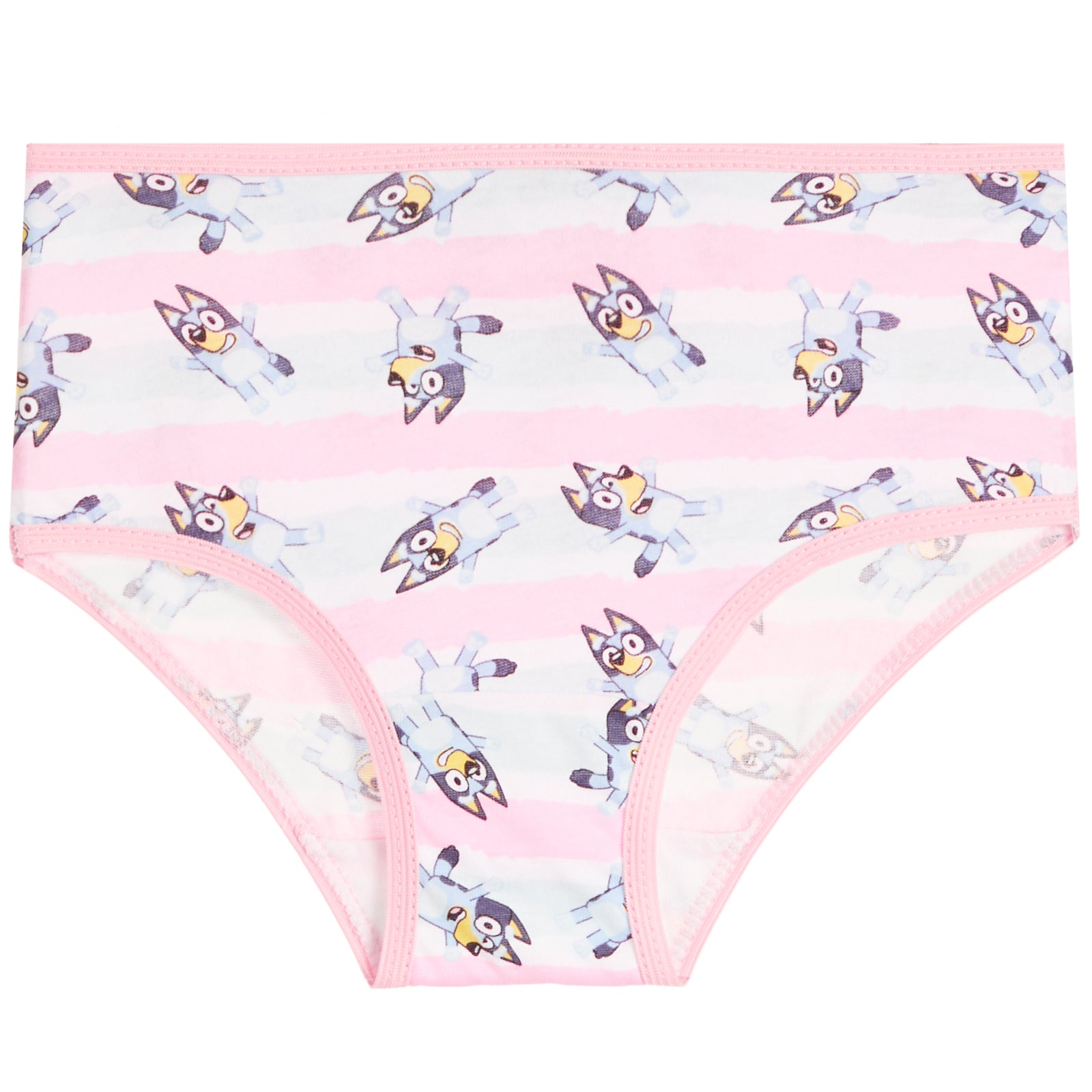 Pink and white striped childrens underwear featuring a cartoon character Bluey print, with pink trim.