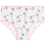 White childrens's briefs with a pink trim, featuring an all-over print of cartoon character Bluey in various poses with pastel-colored confetti accents.