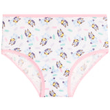 White childrens's briefs with a pink trim, featuring an all-over print of cartoon character Bluey in various poses with pastel-colored confetti accents.