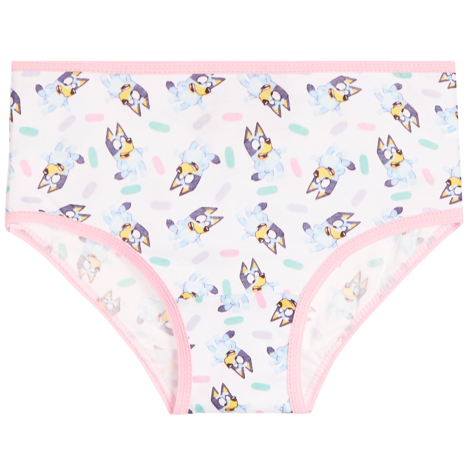 White childrens's briefs with a pink trim, featuring an all-over print of cartoon character Bluey in various poses with pastel-colored confetti accents.
