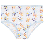 White children's briefs featuring an all-over cartoon print of character Bluey in orange, blue, and purple, finished with light blue trim.