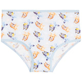 White children's briefs featuring an all-over cartoon print of character Bluey in orange, blue, and purple, finished with light blue trim.