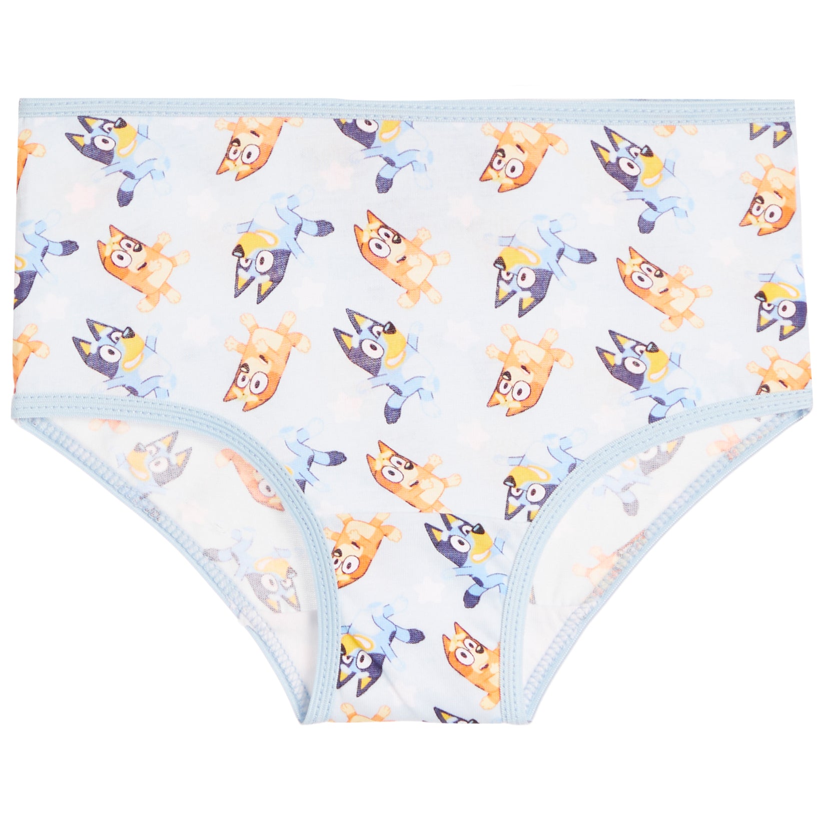 White children's briefs featuring an all-over cartoon print of character Bluey in orange, blue, and purple, finished with light blue trim.