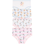 Four pairs of children's underwear stacked vertically on a white background, featuring colorful cartoon character Bluey prints and striped patterns in pastel shades of blue, pink, and yellow.