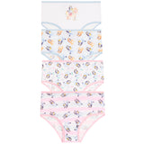Four pairs of children's underwear stacked vertically on a white background, featuring colorful cartoon character Bluey prints and striped patterns in pastel shades of blue, pink, and yellow.