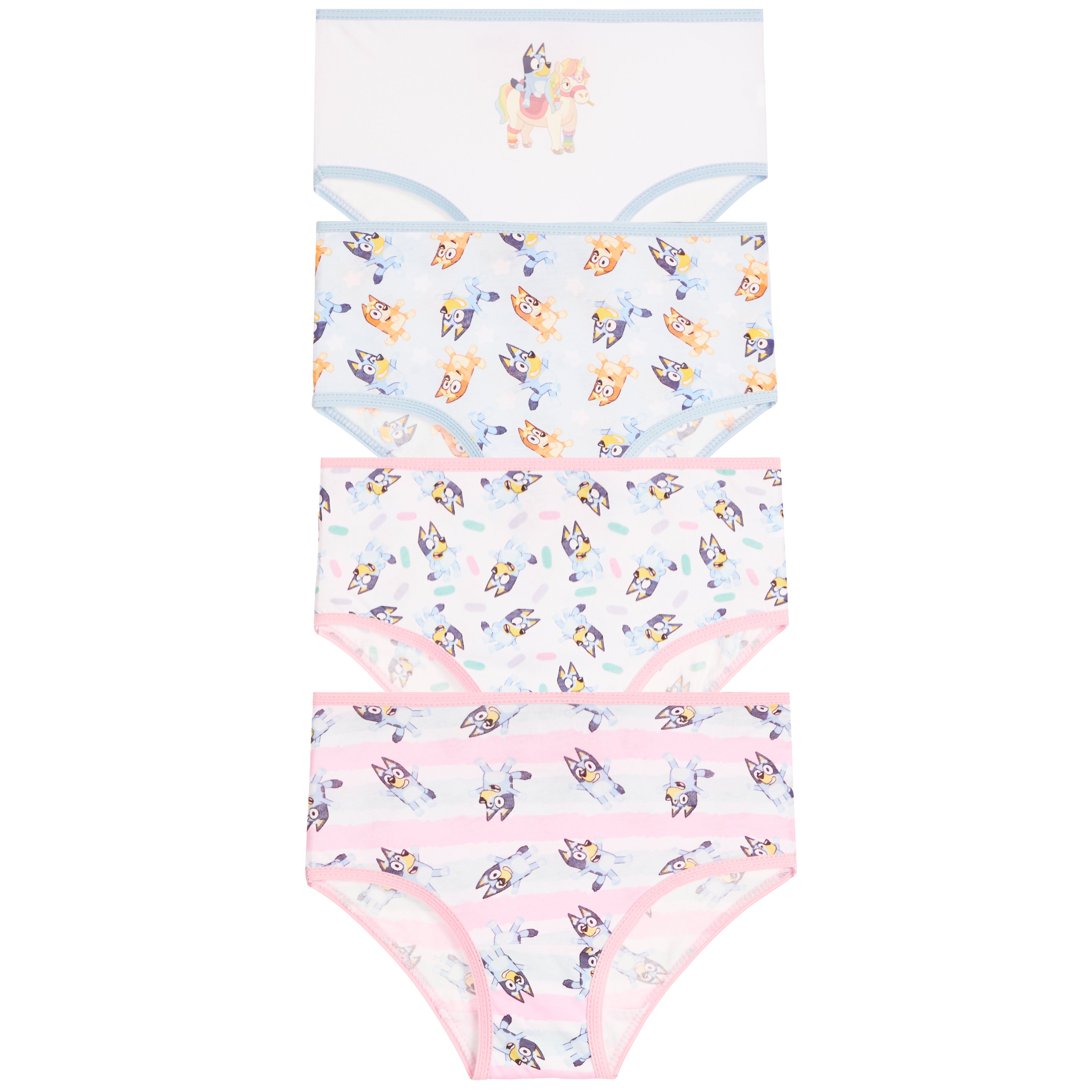 Four pairs of children's underwear stacked vertically on a white background, featuring colorful cartoon character Bluey prints and striped patterns in pastel shades of blue, pink, and yellow.
