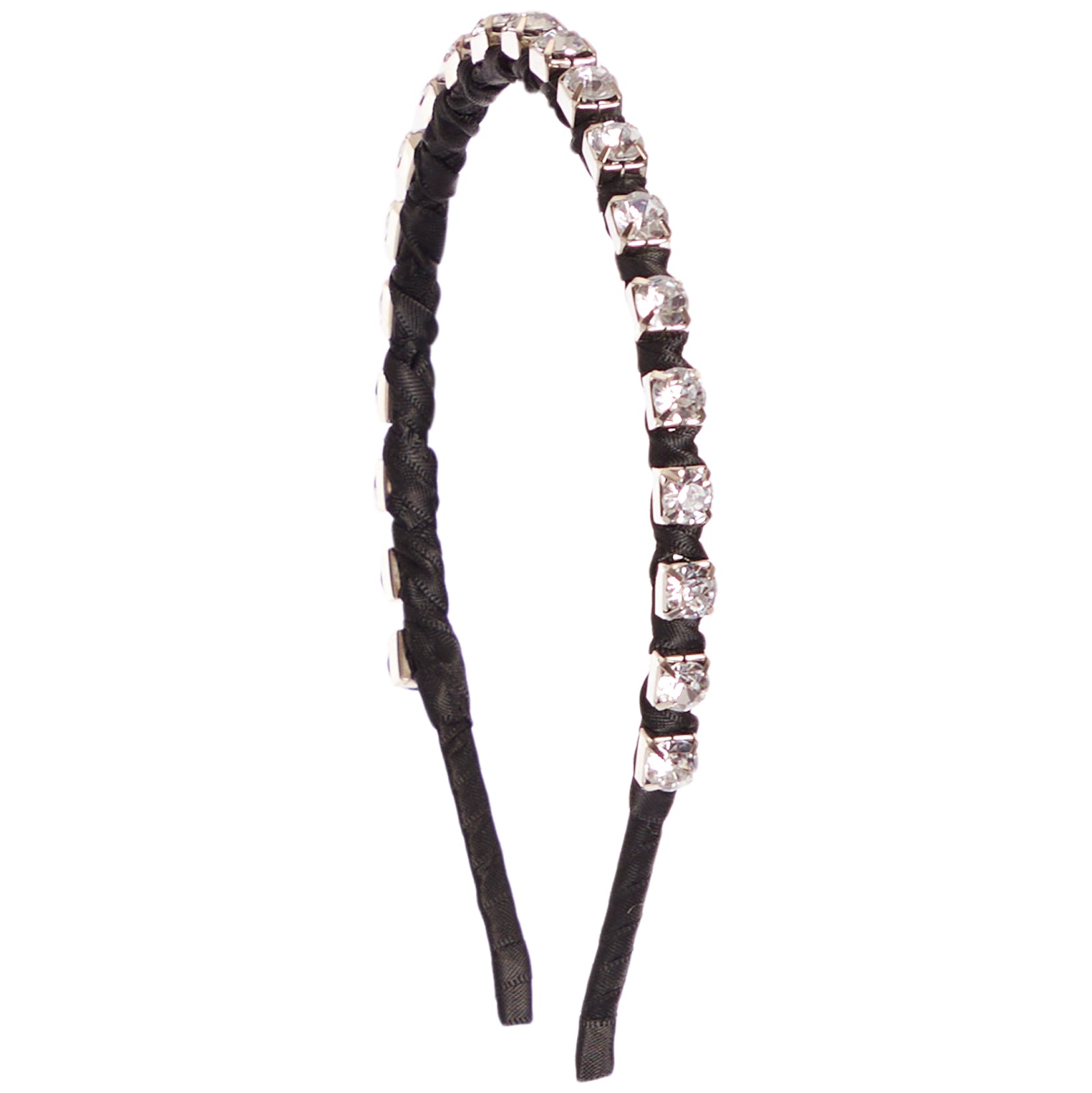 A black headband embellished with a row of clear rhinestones set in silver-toned metal along the top curve, shown against a plain white background.