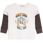A toddler's long-sleeve t-shirt with a white body, dark gray ribbed sleeves, and a colorful 'Rock 'n Roll Little Big Time World Tour' graphic on the front.
